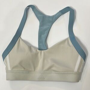 Adidas All Me 3 Stripe Cream Blue Sports Bra Size XS Racerback Minimalist Active